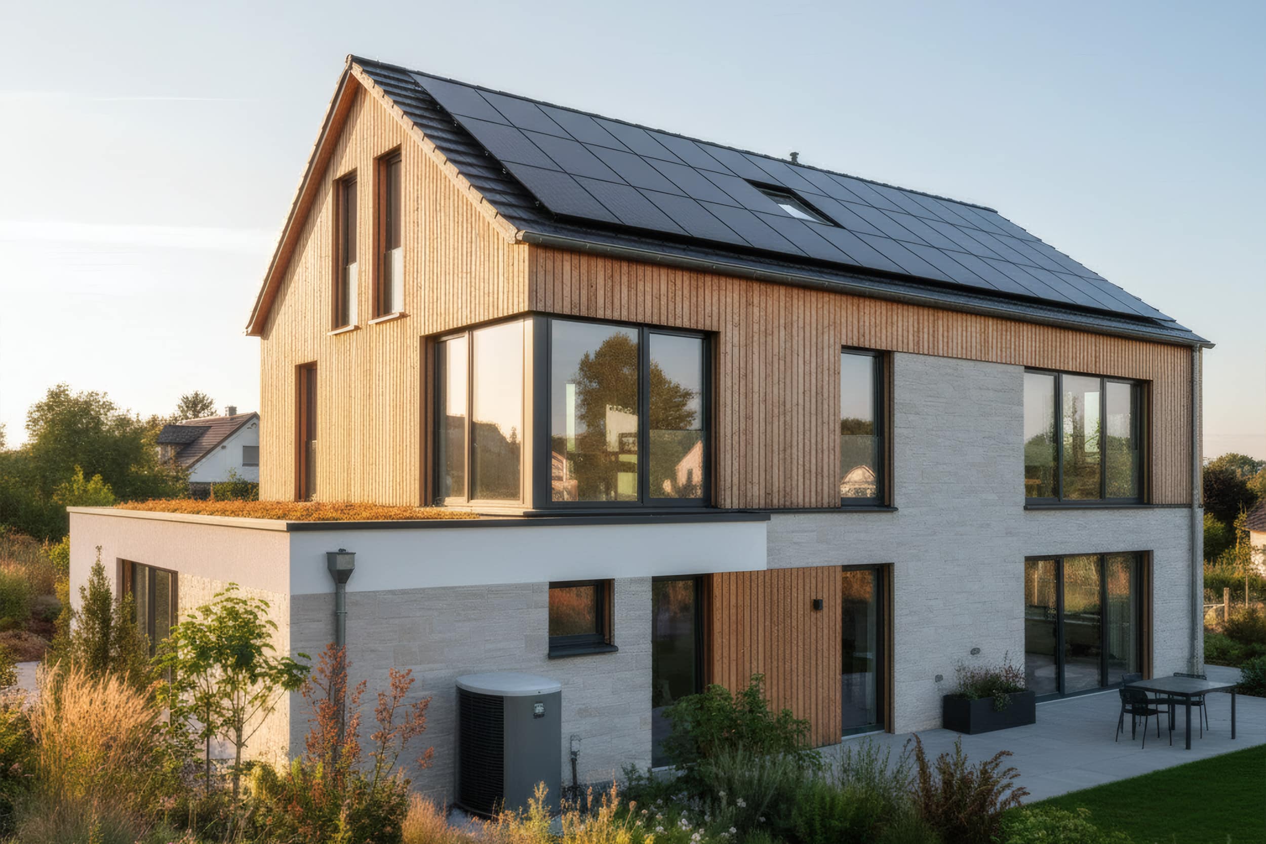 Klimafreundliches Haus mit Solarpaneelen und Holzelementen